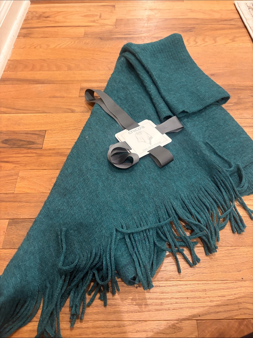 Chicos new cowl neck Cozy Teal Knit Fringe poncho Jasper